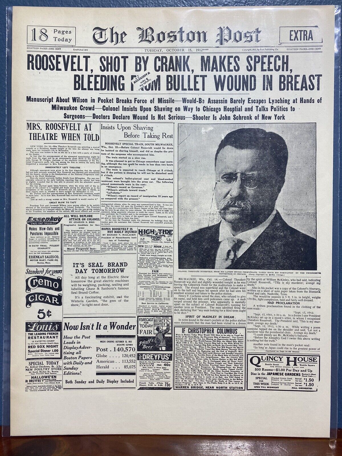 VINTAGE NEWSPAPER HEADLINE TEDDY ROOSEVELT SHOT MAKES SPEECH WOUND BLEEDING 1912