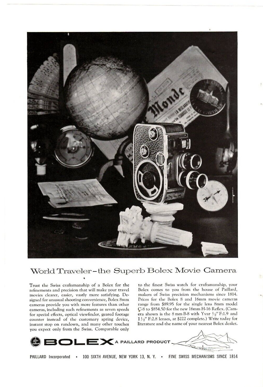 1957 Print Ad Paillard Bolex 8mm Movie Camera World Traveler Swiss Craftsmanship