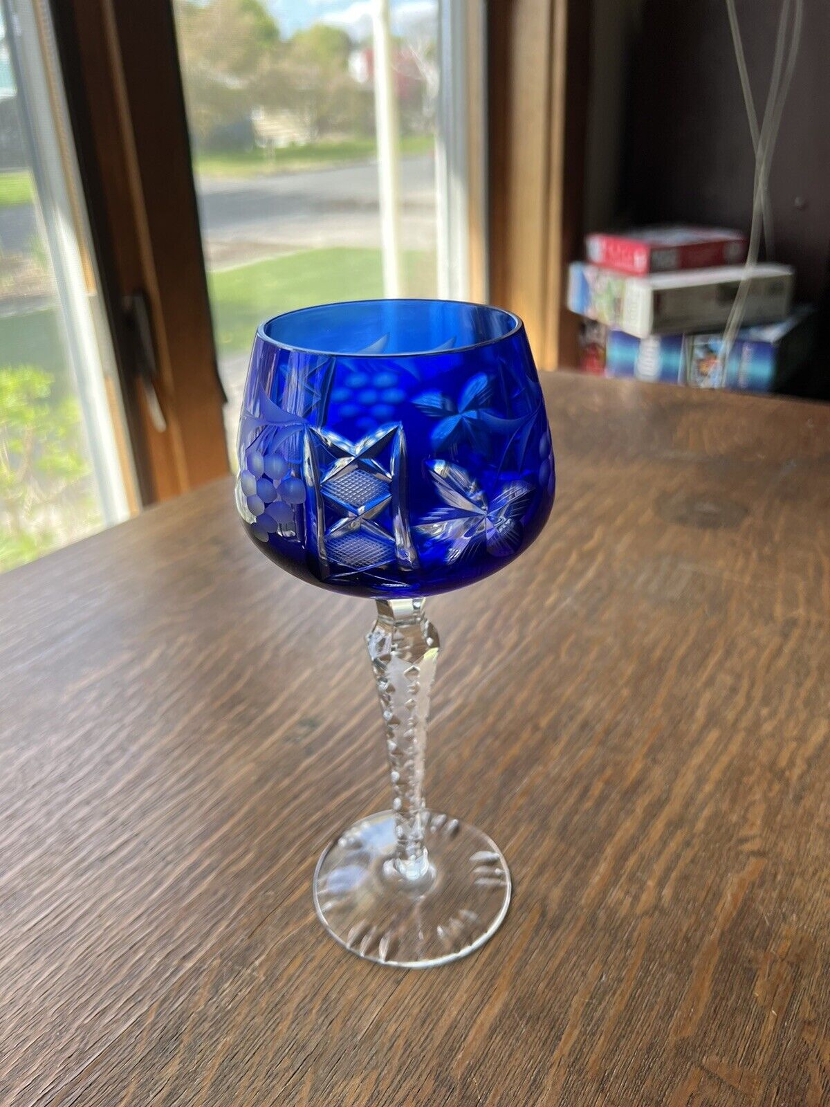 Nachtmann Traube Crystal Cobalt Blue TALL Hock Wine Glass Cut to Clear 8.25”