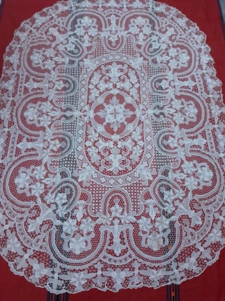 antique beautiful linen lace tablecloth embroided floral awesome work item134