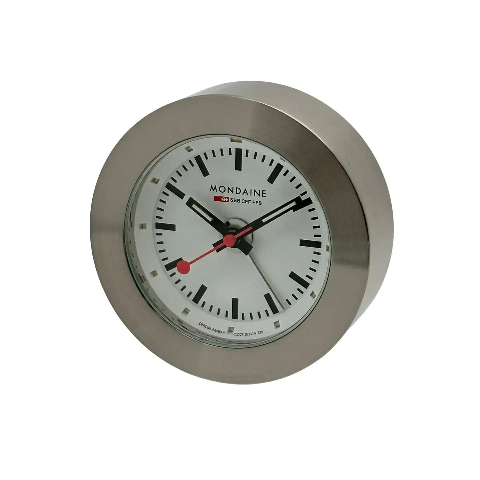 Mondaine 48mm Steel White Dial Travel Alarm Clock Night Vision A992.TRUK.16SBB