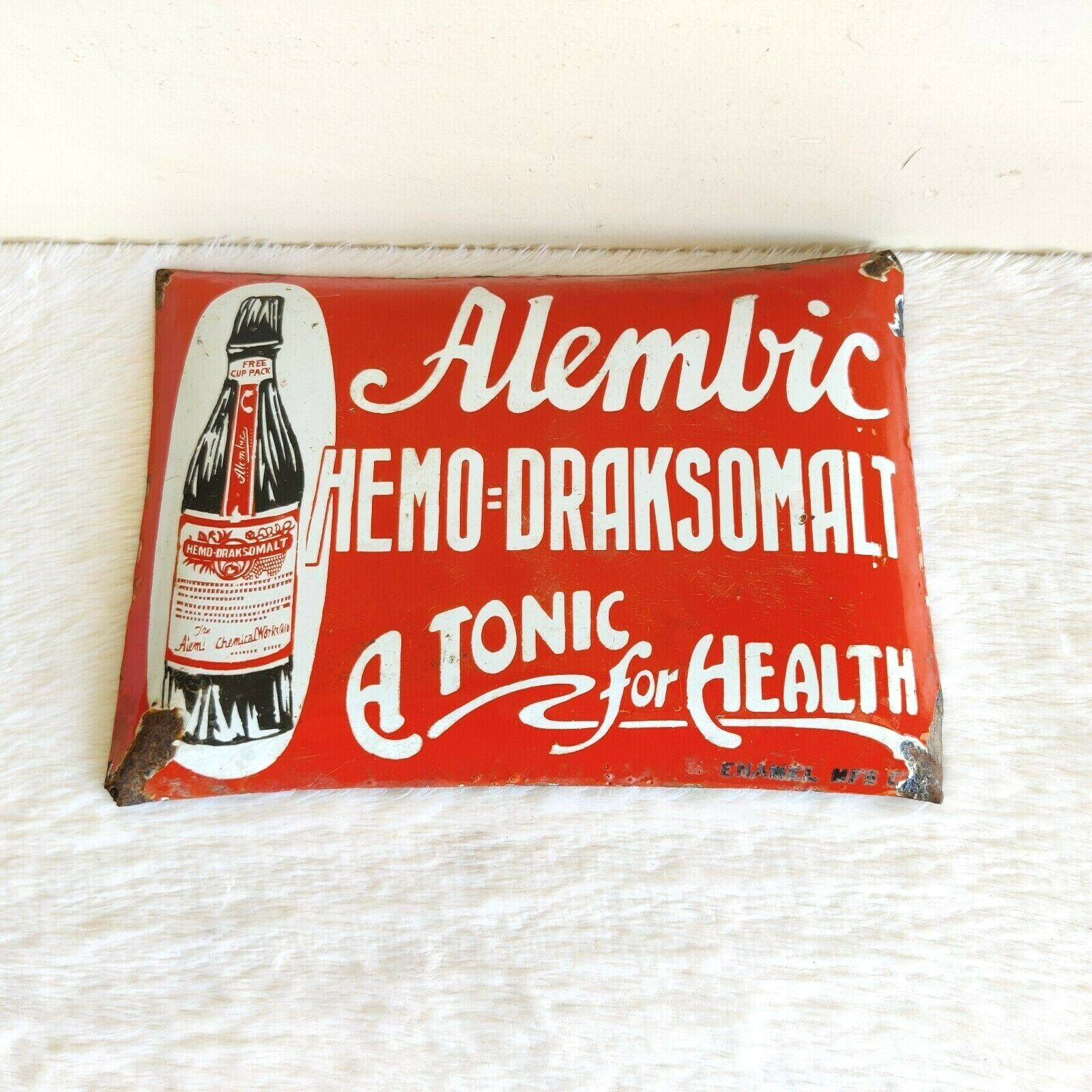 1930 Vintage Alembic Hemo Draksomalt Tonic Pharmaceutical Enamel Sign Board EB37