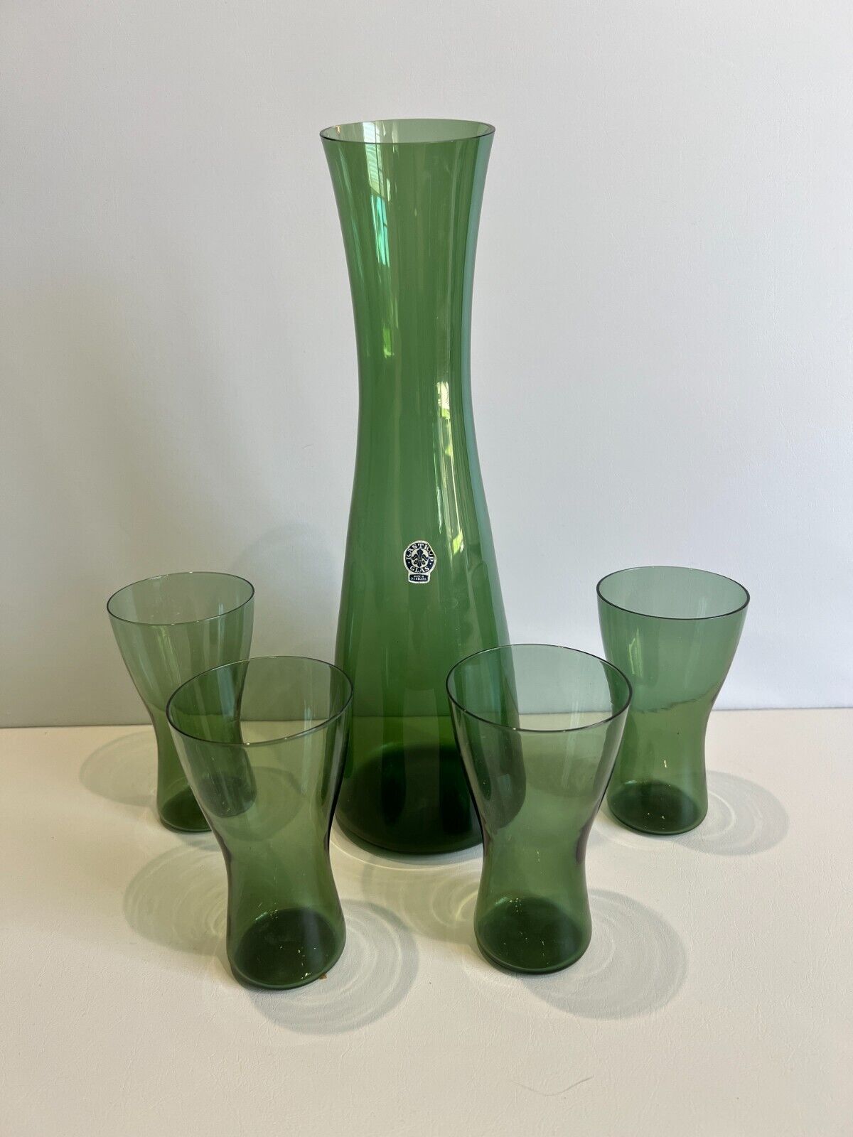 Vintage Rare Kastrup Denmark 60\'s Danish Green Glass Carafe with 4 Cups