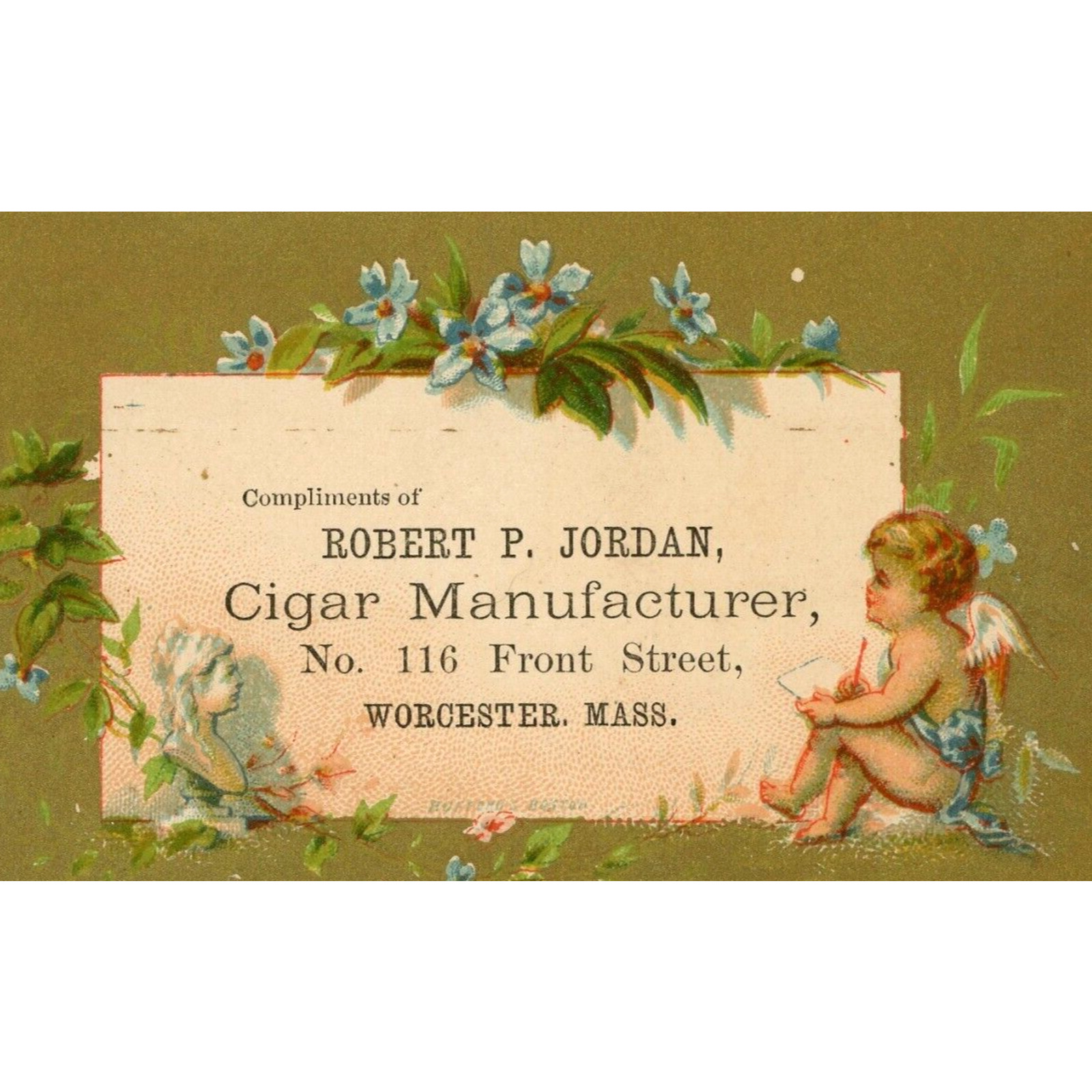 1880\'s Robert P Jordan Cigars Cherub Worcester Mass Victorian Trade Card