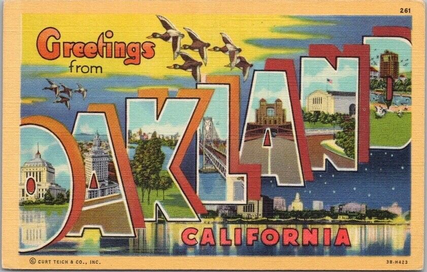 Vintage 1940s OAKLAND California Large Letter Postcard Piltz Linen / Unused