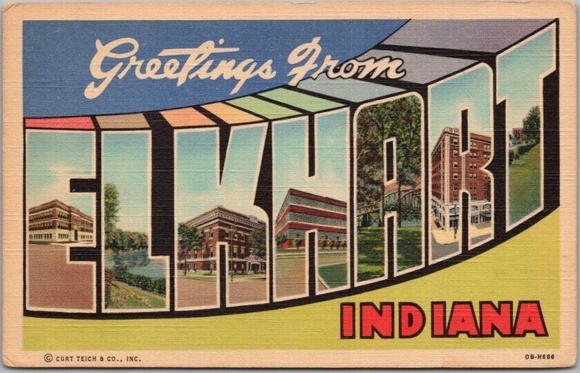 ELKHART, Indiana Large Letter Postcard Multi-View / Curteich Linen 1940 Unused