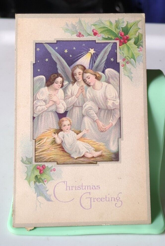 1929 Christmas Greetings - Angels  Postcard - 1929 Christmas Seal Sticker - Rare