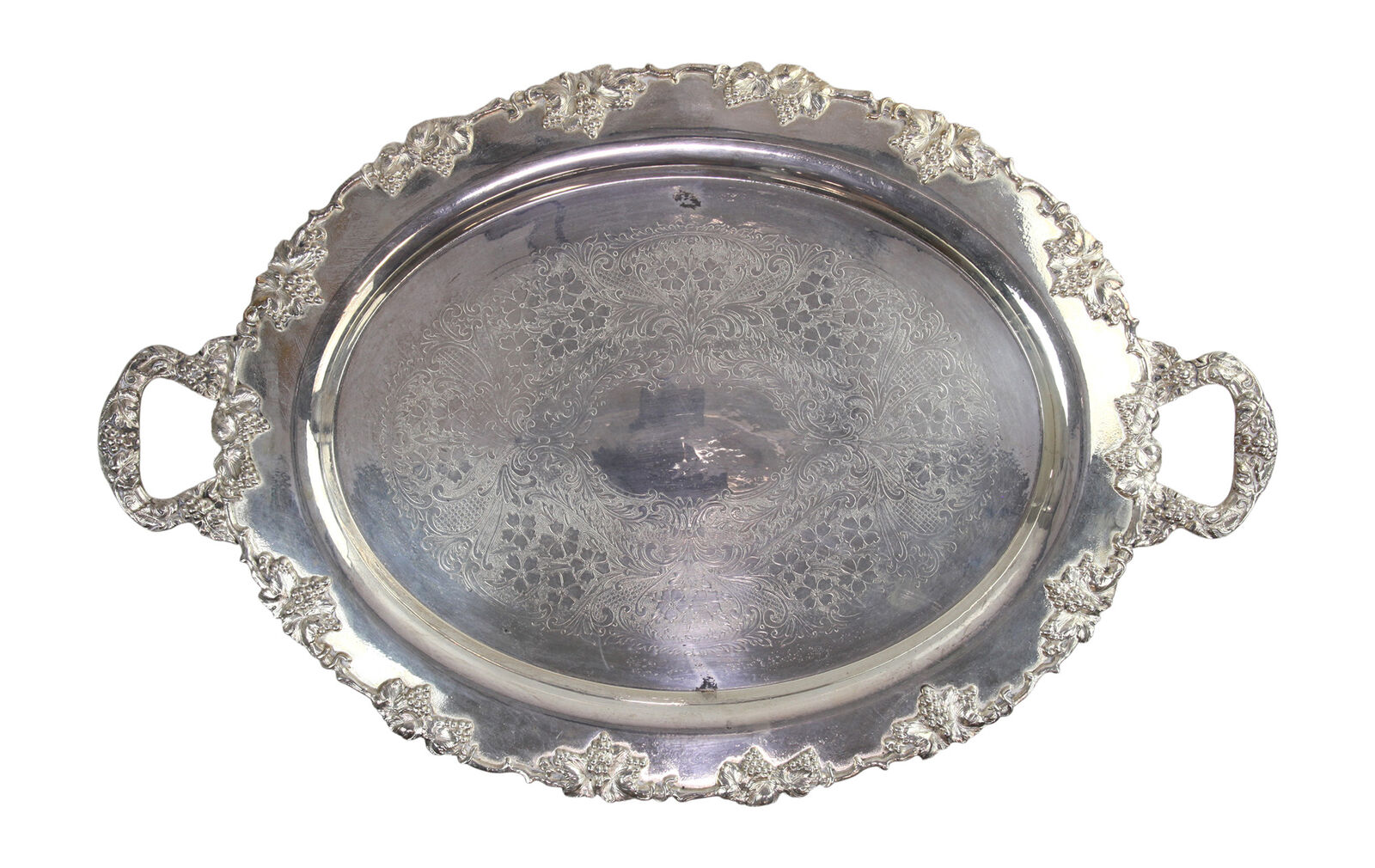Vintage Crescent Silver On Copper Grape Pattern Large Oval Footed Tray, 32 in.
