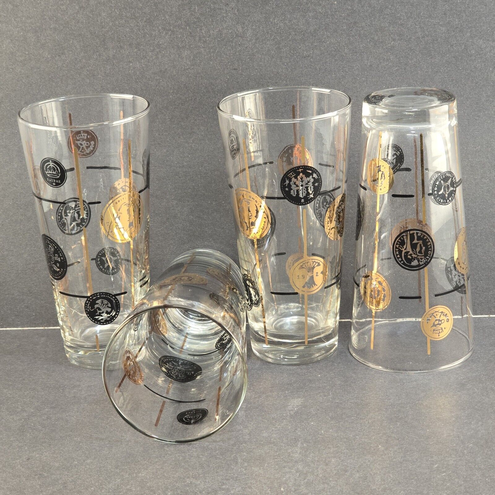 Set of 4 Libbey MCM Black & Gold Coin Bar Highball Tumblers Clear Glass 14 oz