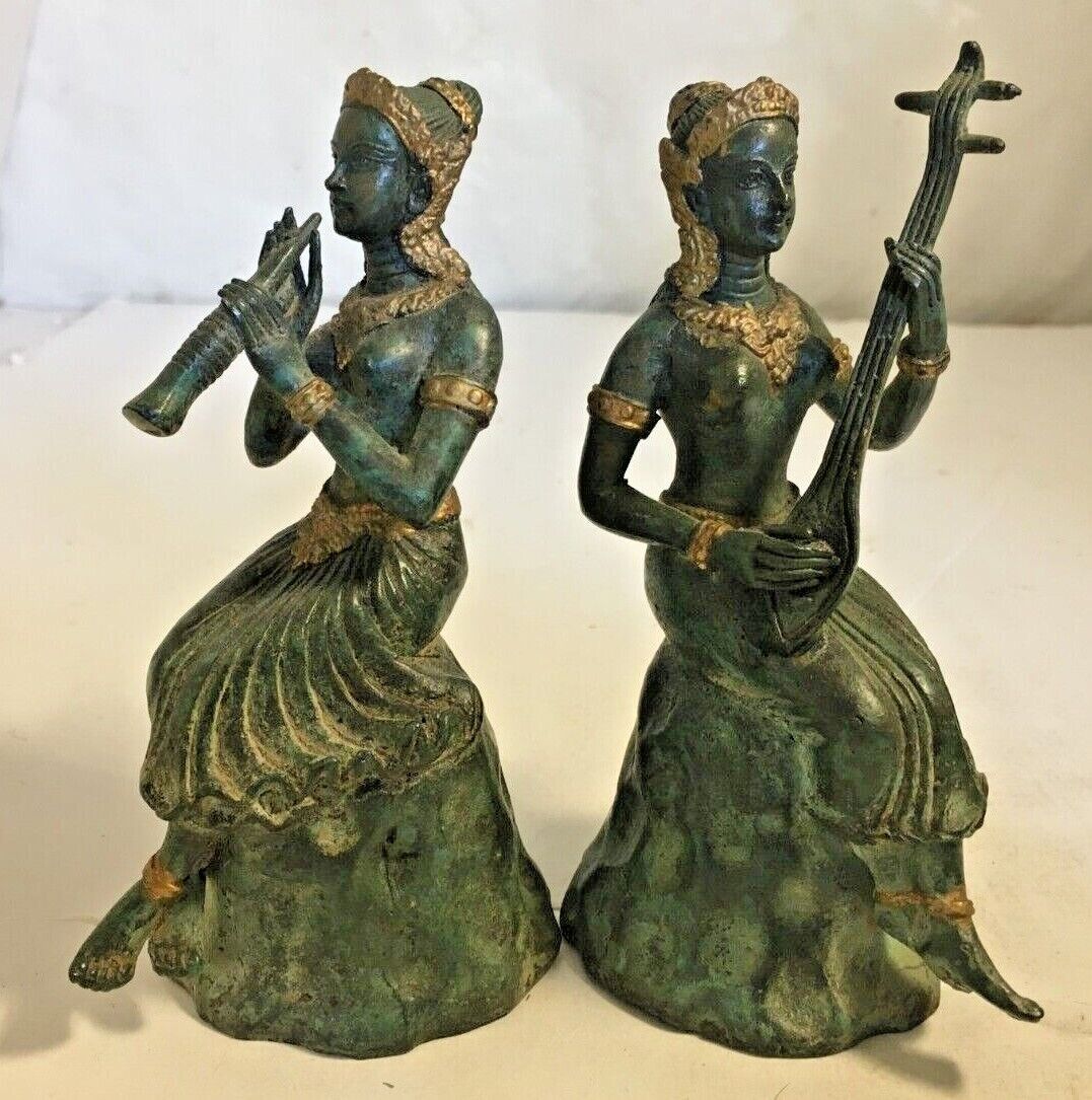 Pair Vintage Gilt Bronze Thai Females Playing Lute and Flute Figures
