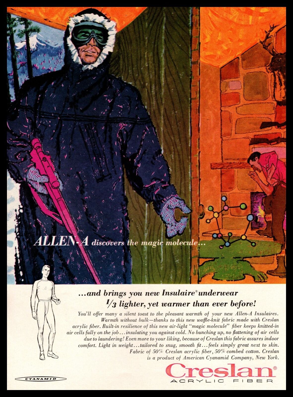 1959 Creslan Fiber Cyanamid Winter Parka Hunter Rifle Ski Lodge Cabin Print Ad