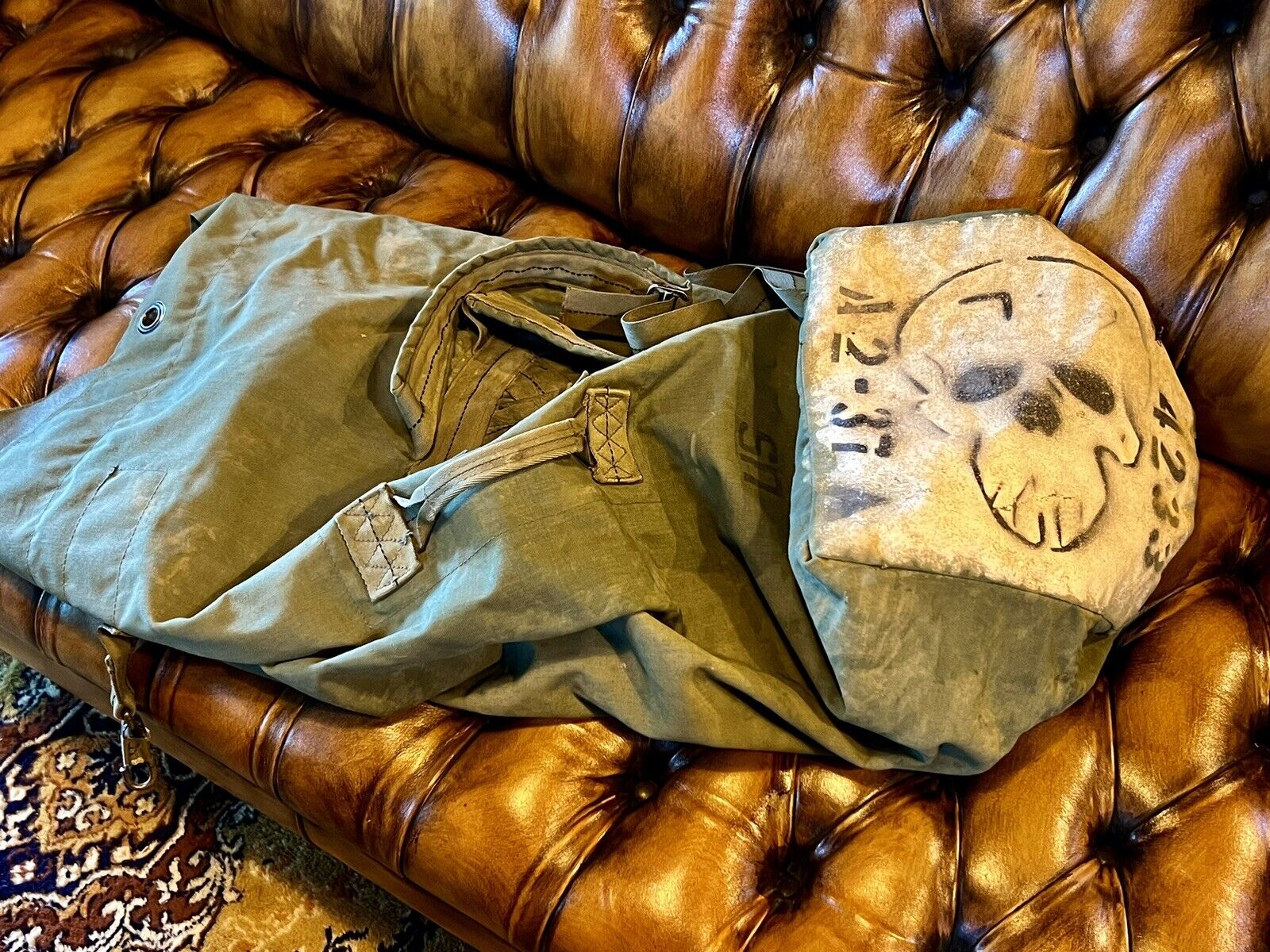 Vintage Us Military Duffel Bag Handpainted Skull And Bones