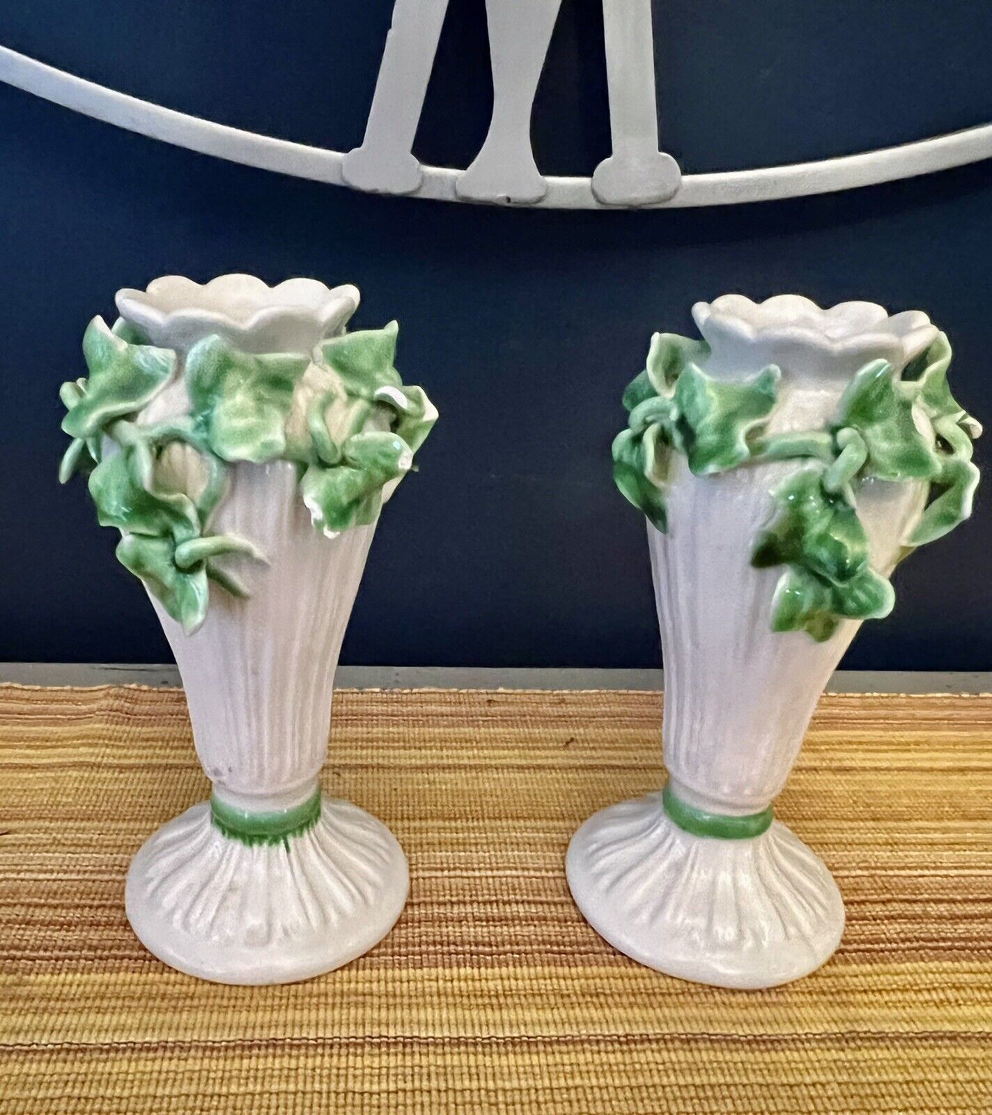 Antique Vintage Meiselman Italian White & Green Ivy candle holders