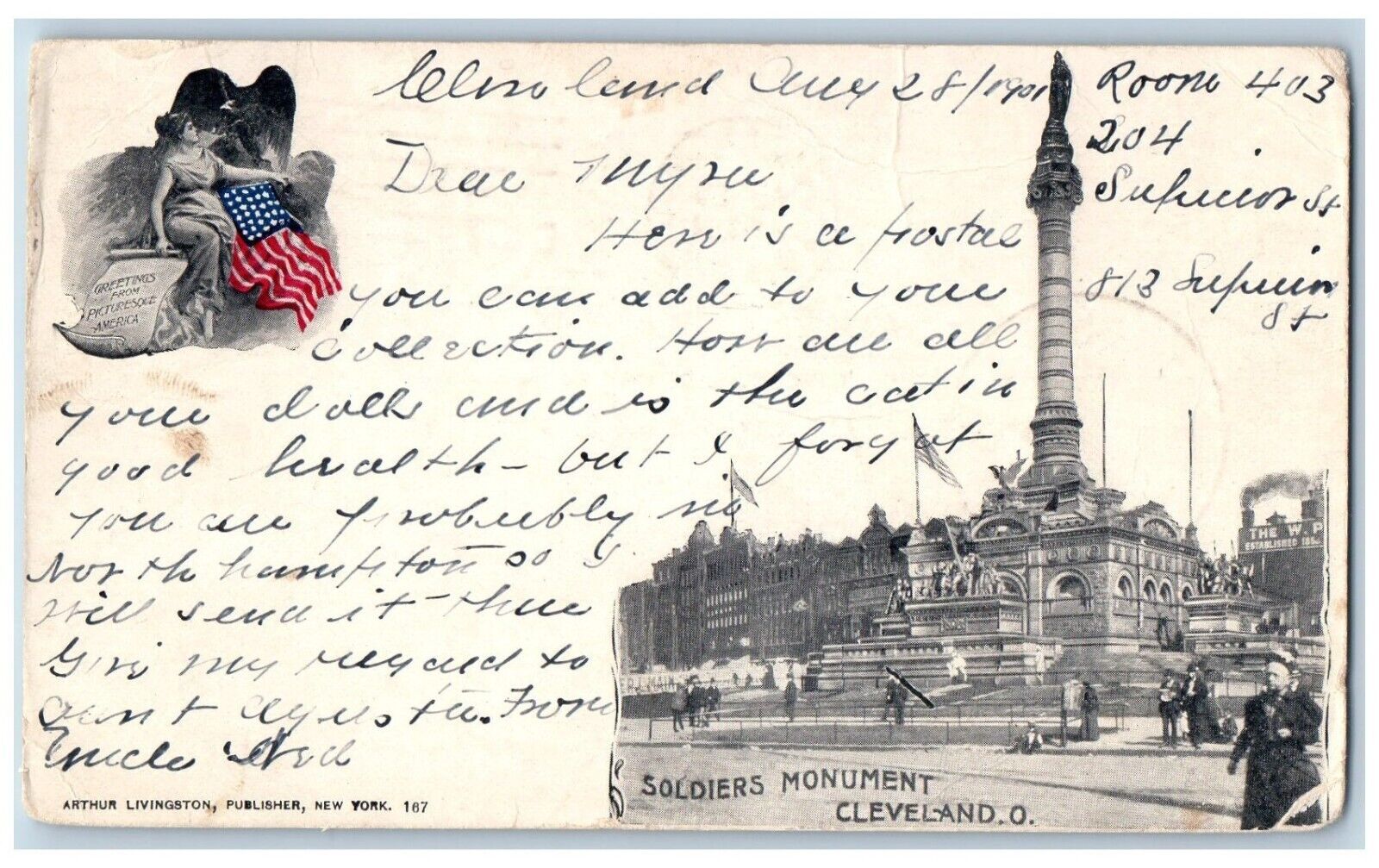 Cleveland Ohio OH Postcard Soldiers Monument 1901 Private Mailing Card Vintage