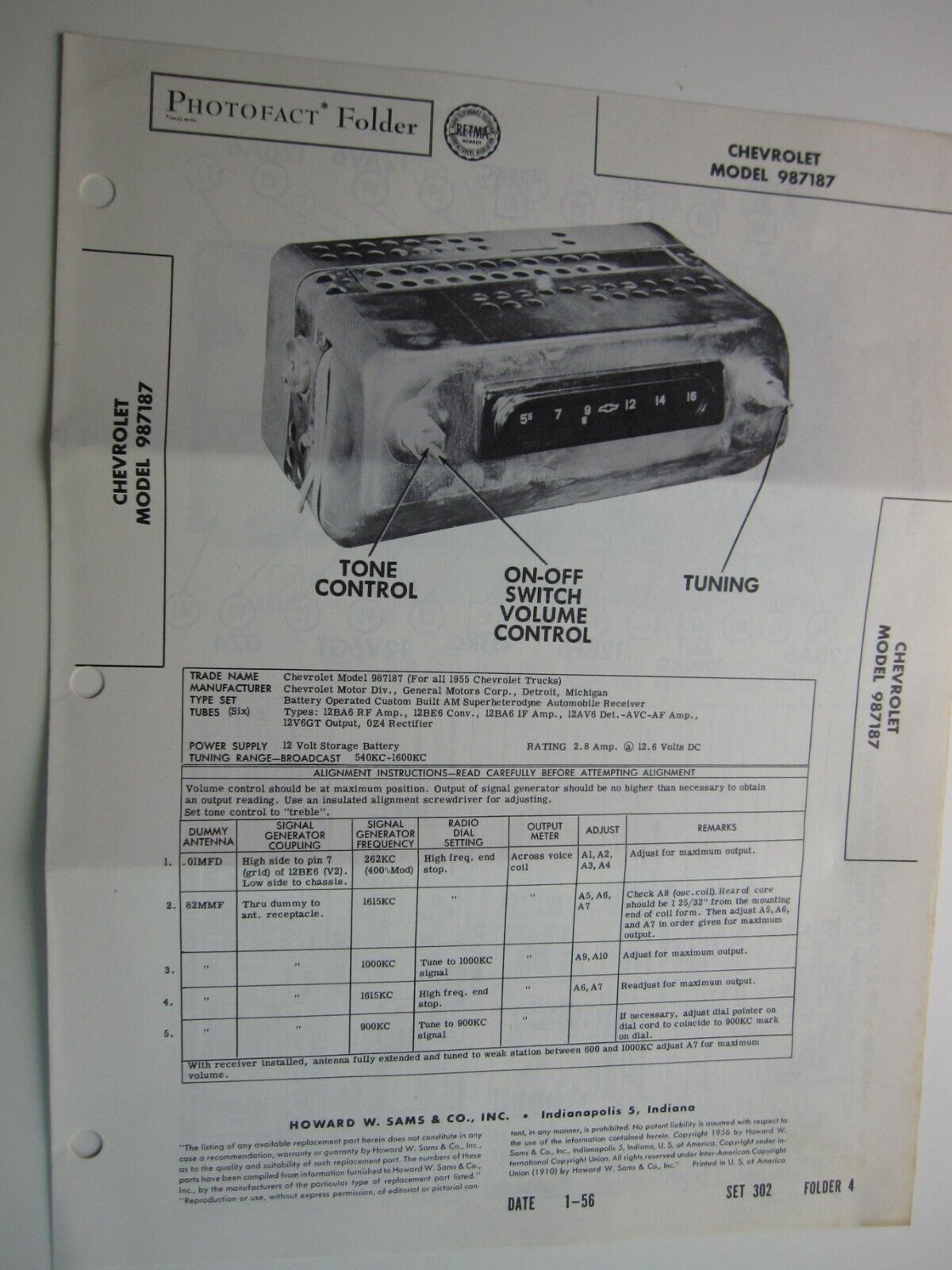 1950's Sams Photofact CHEVROLET Model 987187  BIS