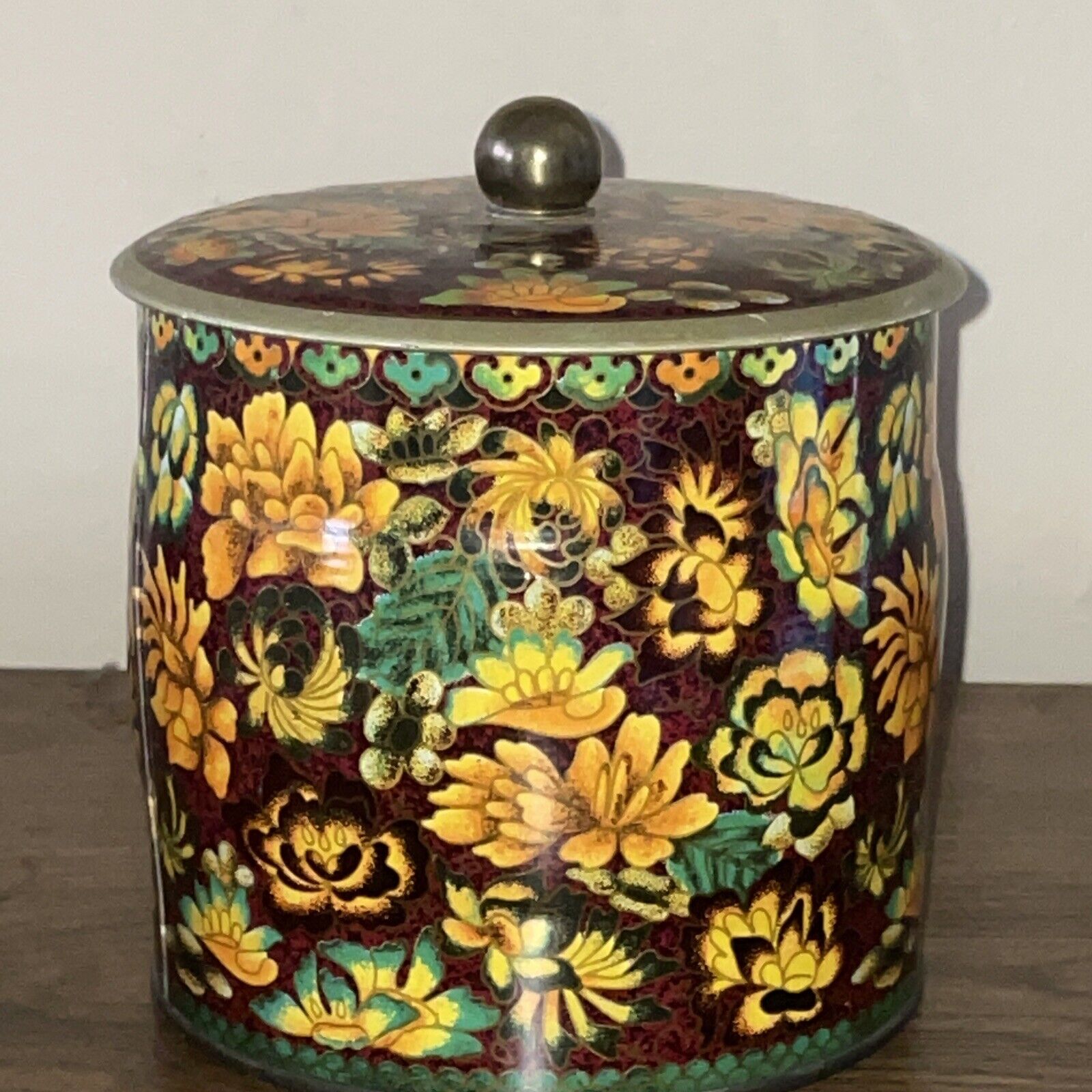 950s Vintage Daher English Tin Canister Cloisonne Flowers  5”