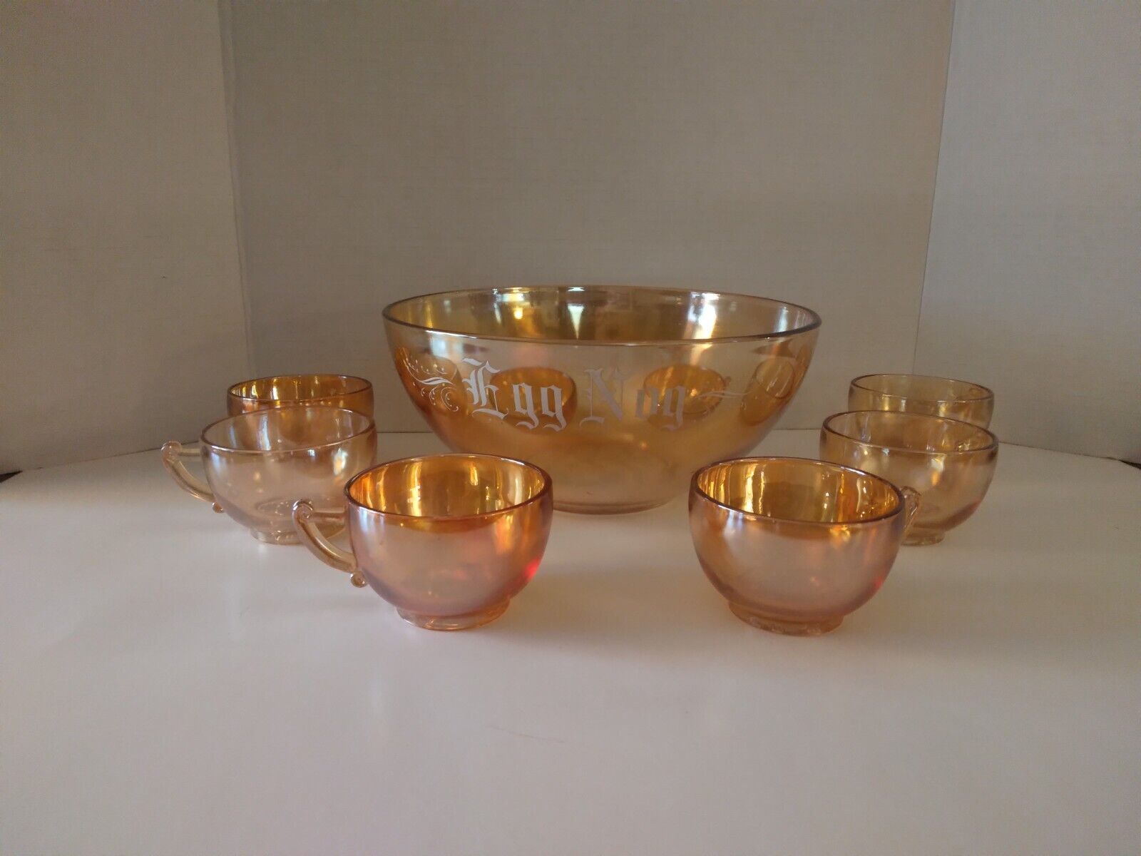 Vintage Peach Luster Iridescent Egg Nogg Punch Bowl and 6 cups