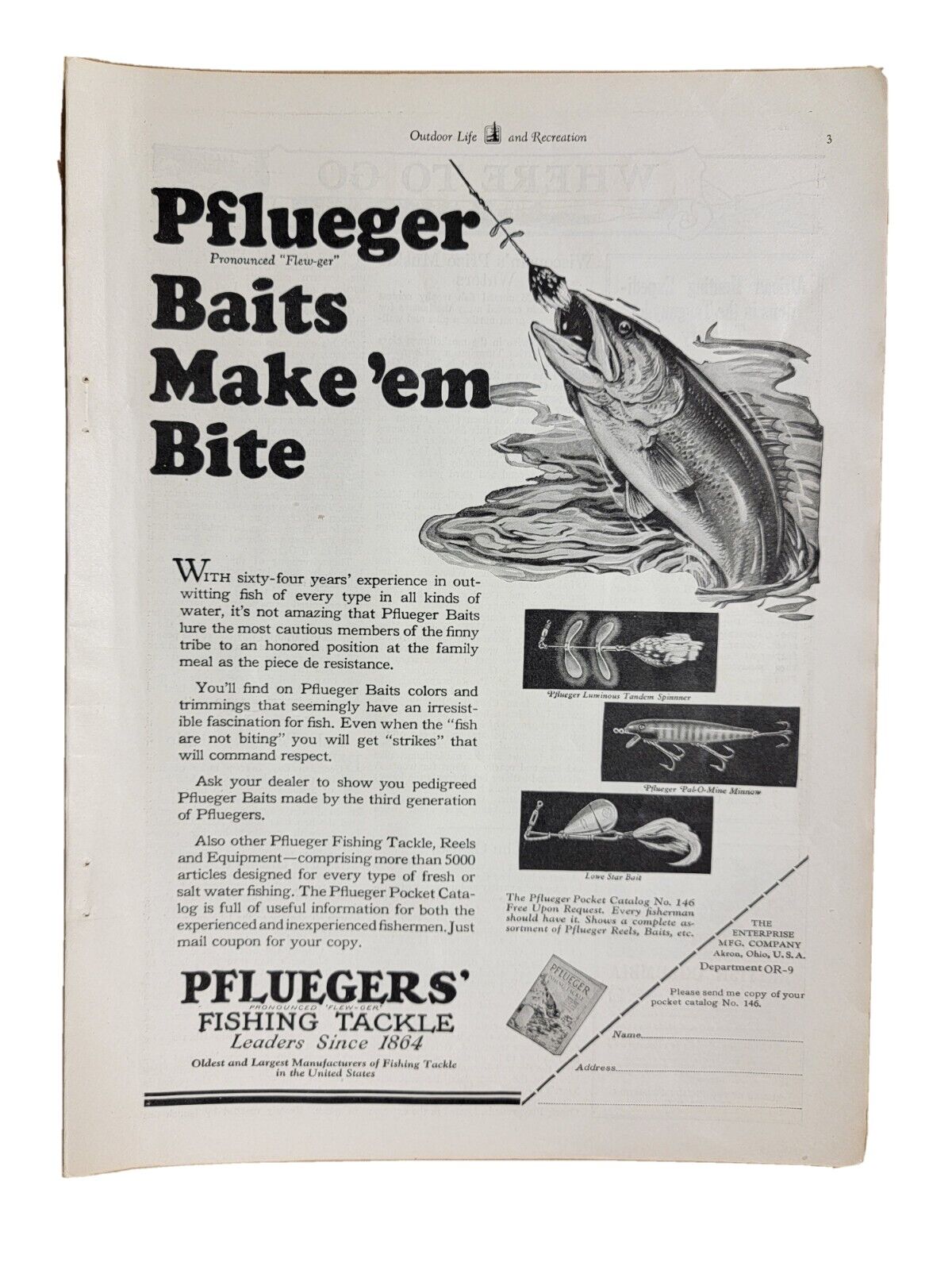 Vintage 1927 Print Ad Pflueger Bait Fishing Tackle Old Rare Look