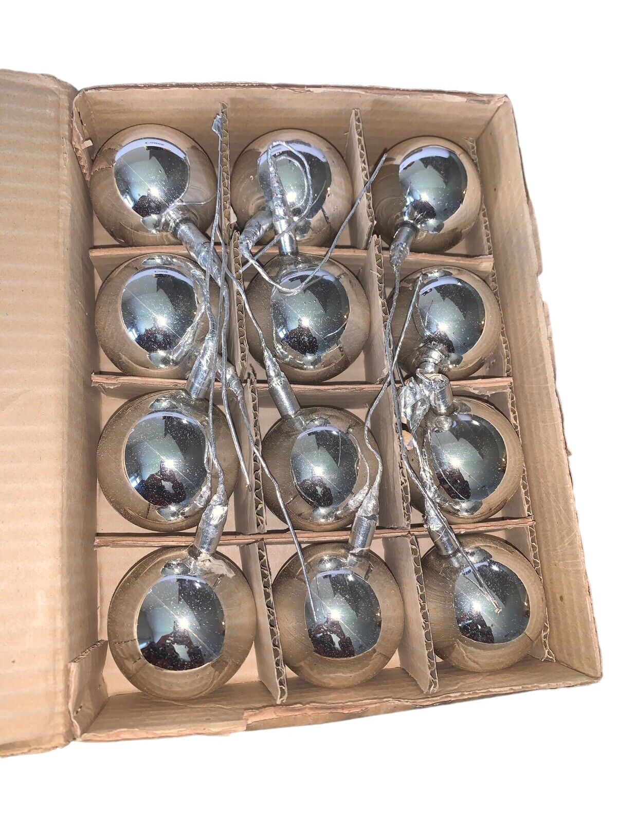 Vintage Christmas Ornaments Box Of 12 Masco Made In Japan Silver Balls Plastic