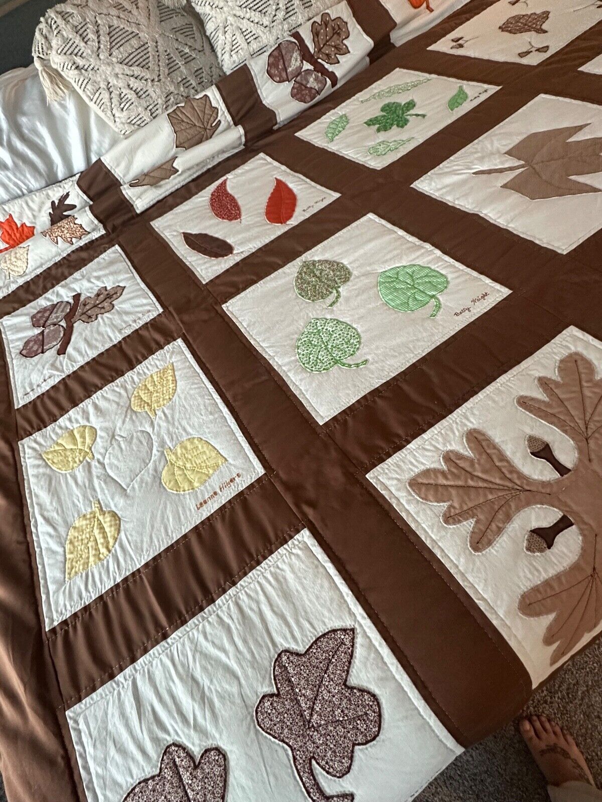Country Autumn Leaves Cotton 77x94 Handmade Signed Quilt Grandma Cottage core