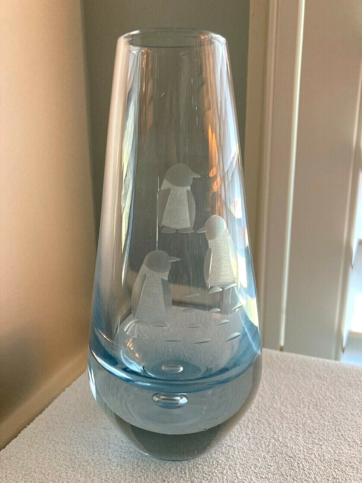 Vintage Randsfjord Norway Vase Etched Penguins Blown Crystal Glass Light Blue