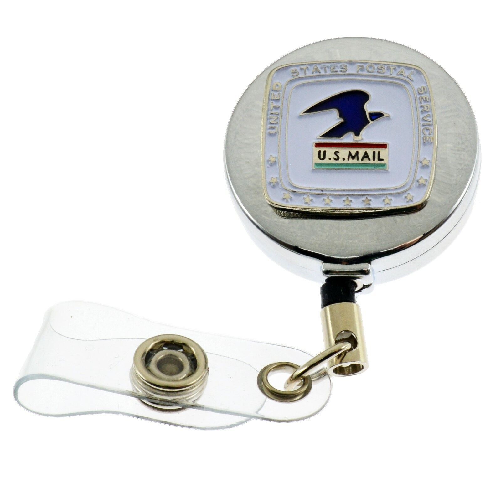 US Postal Service Mail Retractable ID Card Holder Badge Pull Reel Chrome USPS