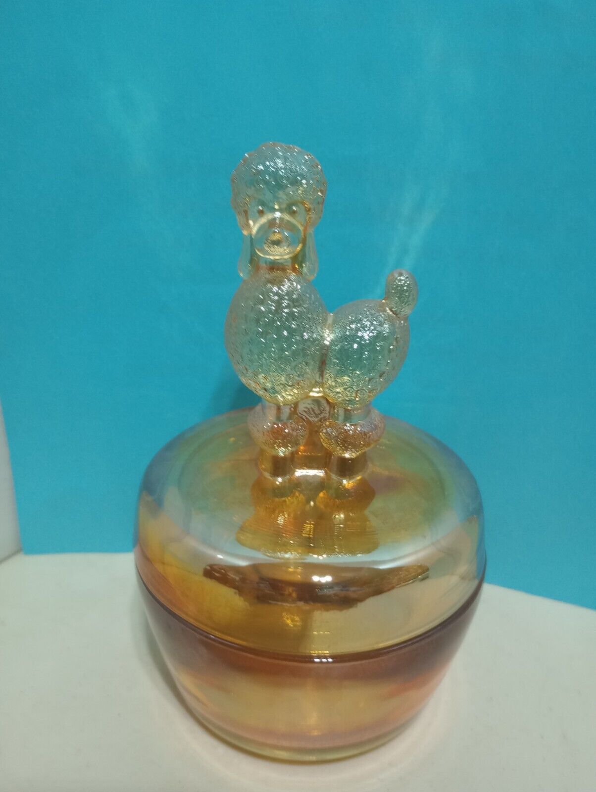 Vintage Jeannette Marigold Carnival Glass Candy Dish With Poodle on Top
