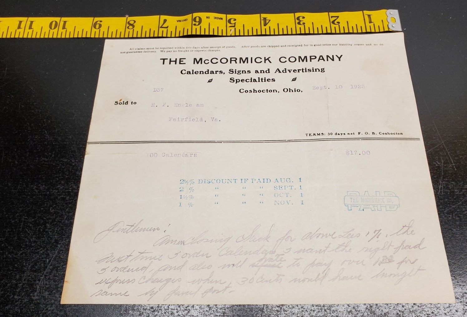 September 1923 The McCormick Company Invoice - Calendars, Signs, and Advertising
