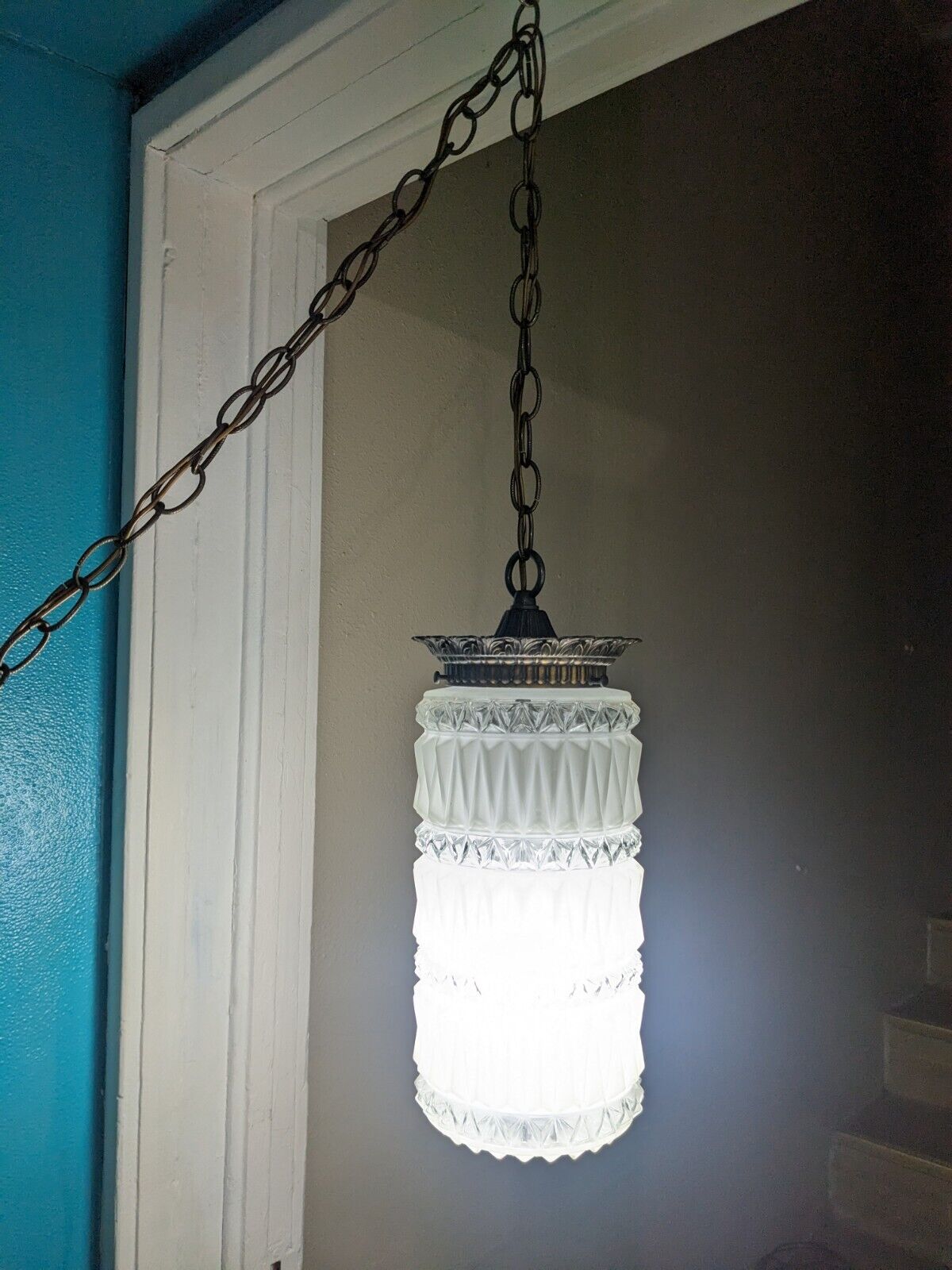 Vintage Mid Century Modern Frosted Glass Hanging Swag Light Pendant Lamp