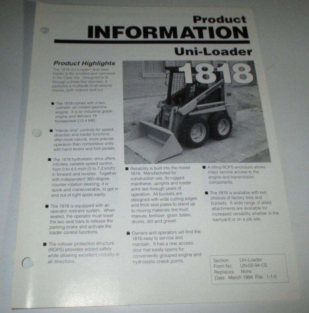 Case 1818 Skid Steer Uni-Loader Product Information Sales Brochure 3/94 Original