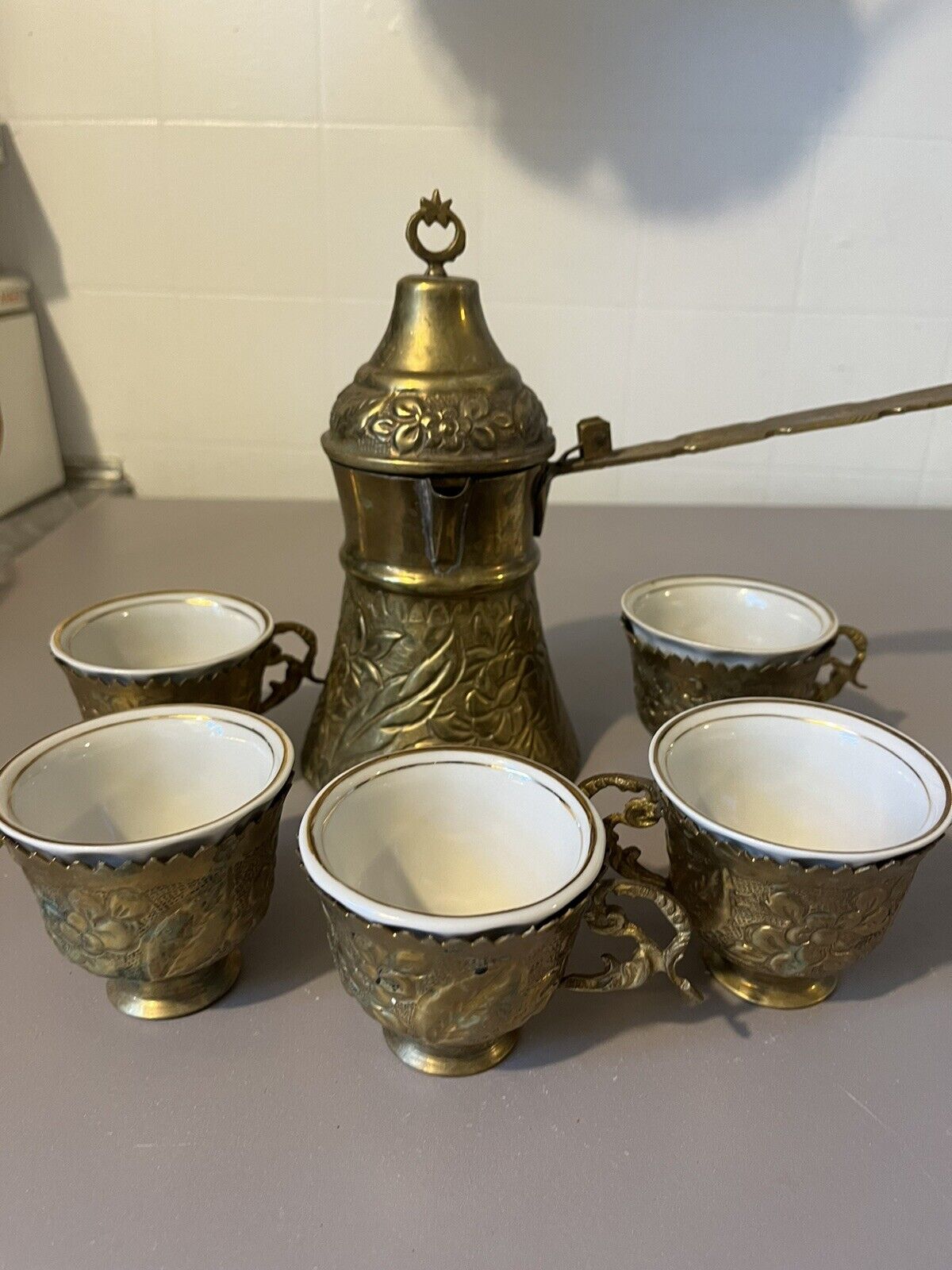 Antique Brass & Porcelain Turkish Coffee Set Istanbul