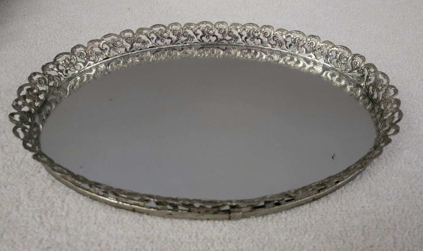 Vintage Goldtone Metal Filigree Oval Mirrored Vanity Tray 