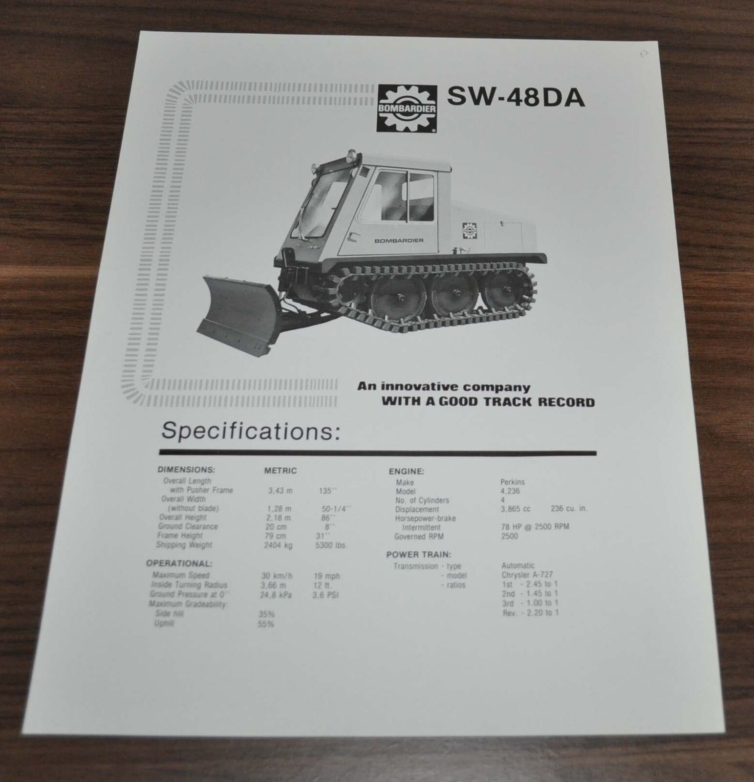 1987 Bombardier SW-48DA Snow Plow Crawler All Terrain Vehicle Brochure Prospekt