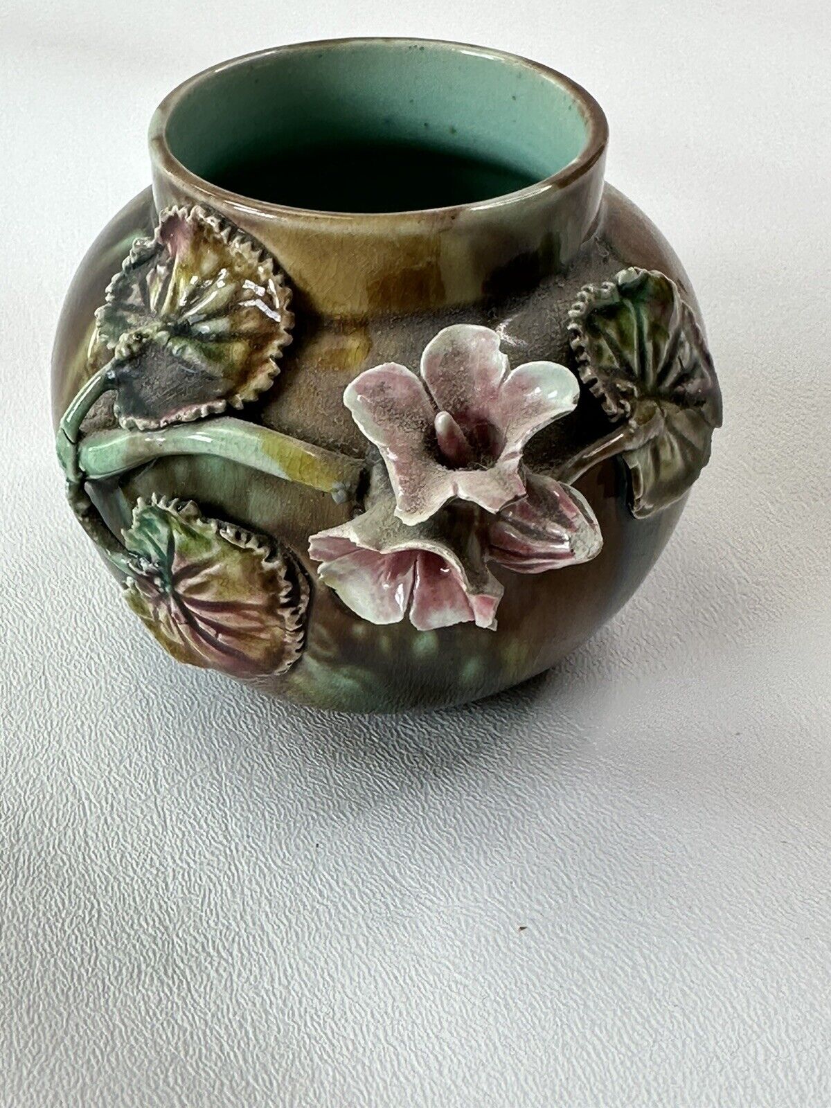 Antique Barbotine Majolica Vase Floral Decor Rare Art Nouveau, Signed Pottery