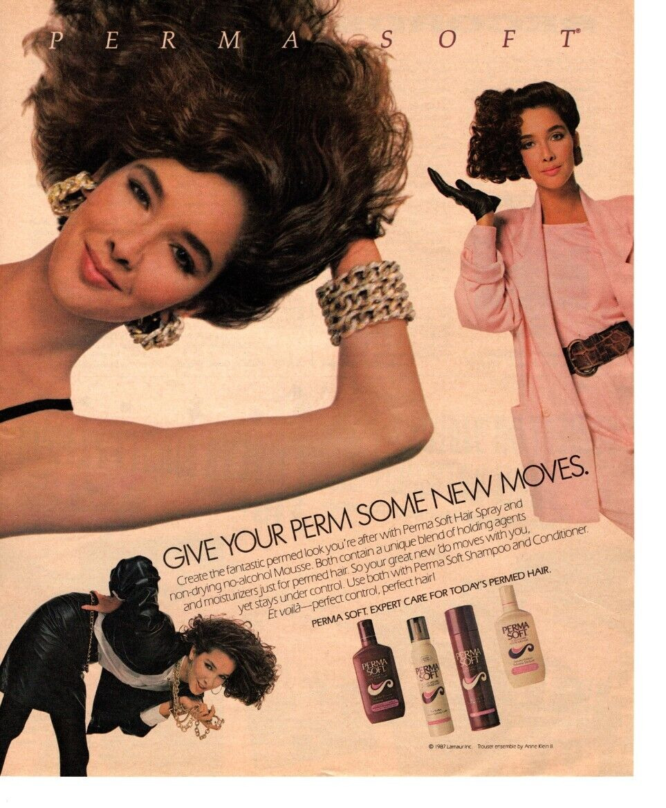 1987 PERMA SOFT SHAMPOO/CONDITIONER PRINT AD, HAIRCARE FOR PERMED HAIR PRINT AD