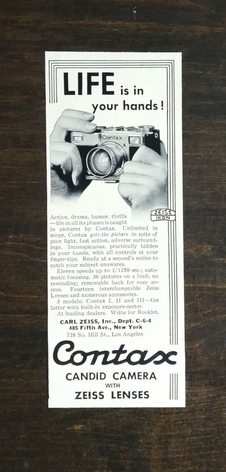 Vintage 1937 Contax Candid Camera Zeiss Lenses Original Ad 721
