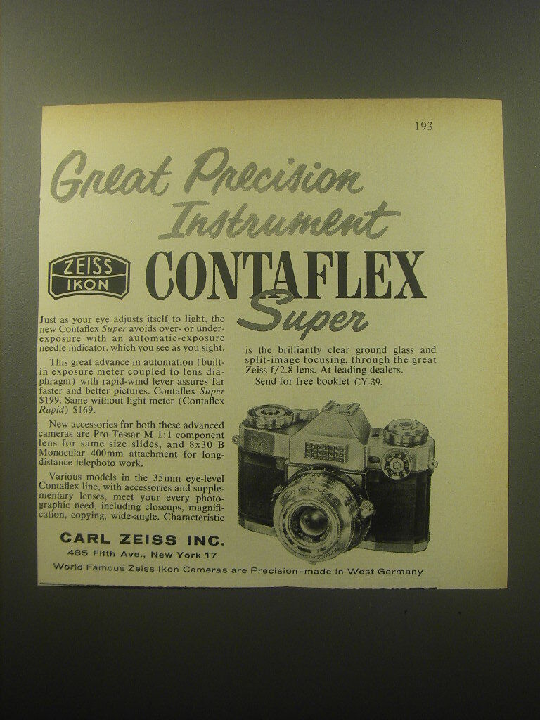 1959 Zeiss Contaflex Super Camera Ad - Great Precision Instrument