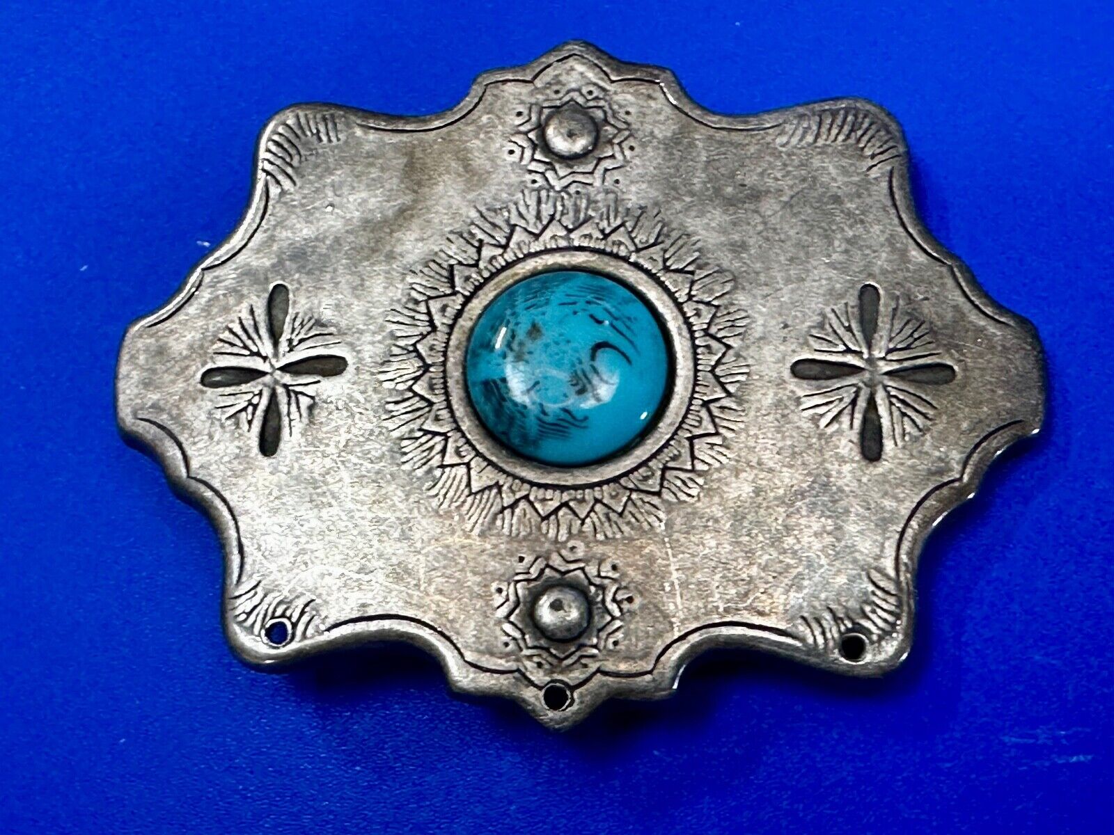 Interesting Small  Round Simulated Turquoise Centered Belt Buckle Made in Spain