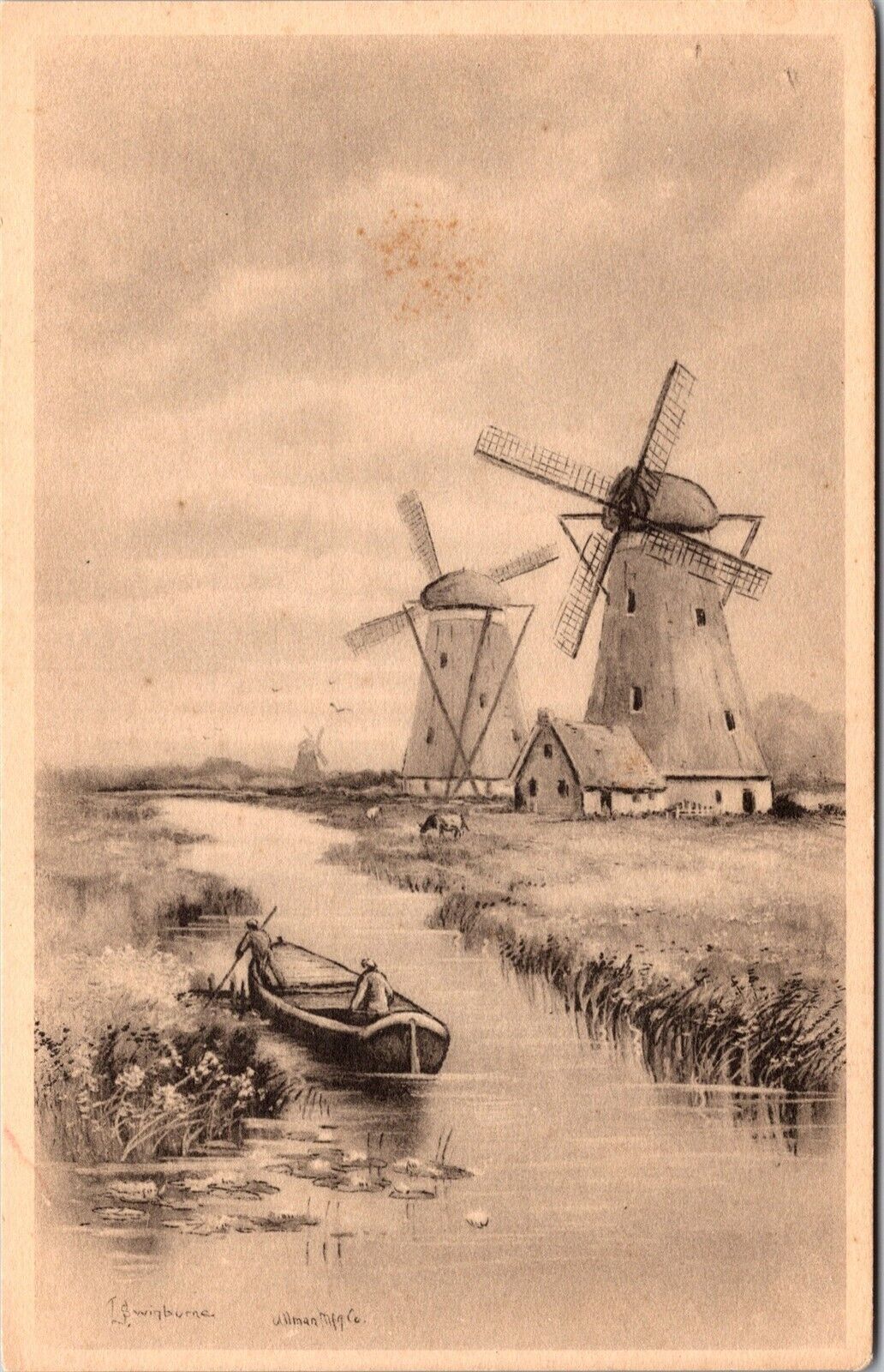 Vtg Dutch Windmill Artist Signed LS Winburne Ullman Mfg Company 1910s Postcard