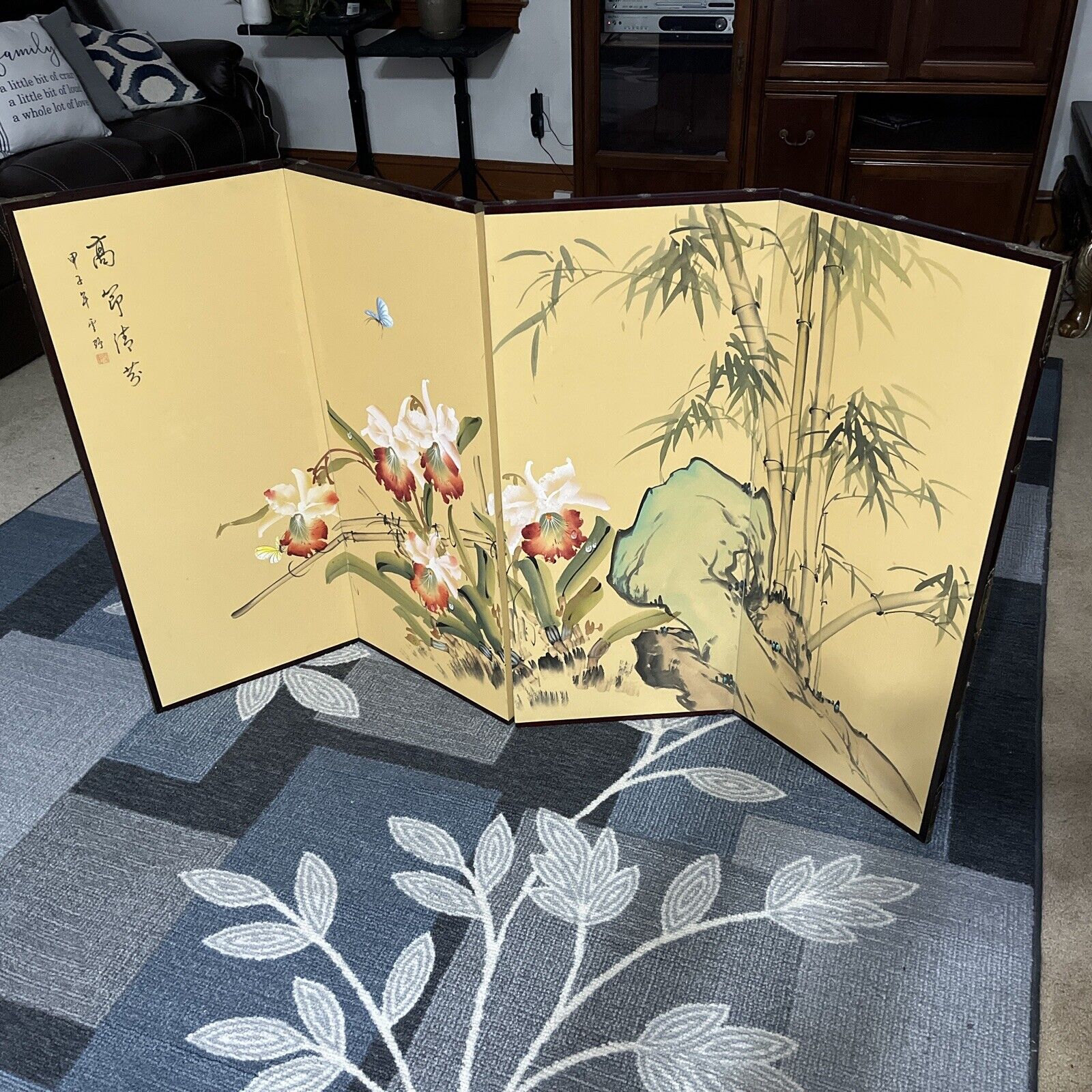 VTG Oriental Asian Four Panel Screen w/ Butterfly, bamboo,Flowers 59”x 34-3/4”
