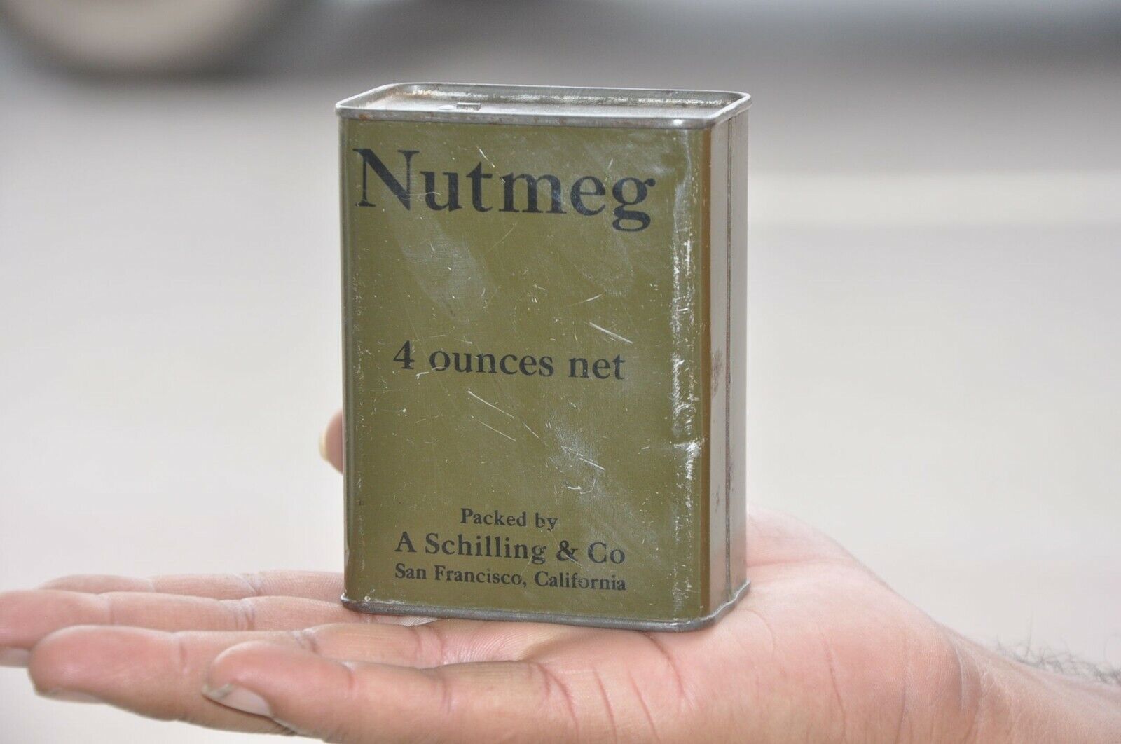 Vintage Nutmeg Ad Litho Unique Shape Green Tin Box,California