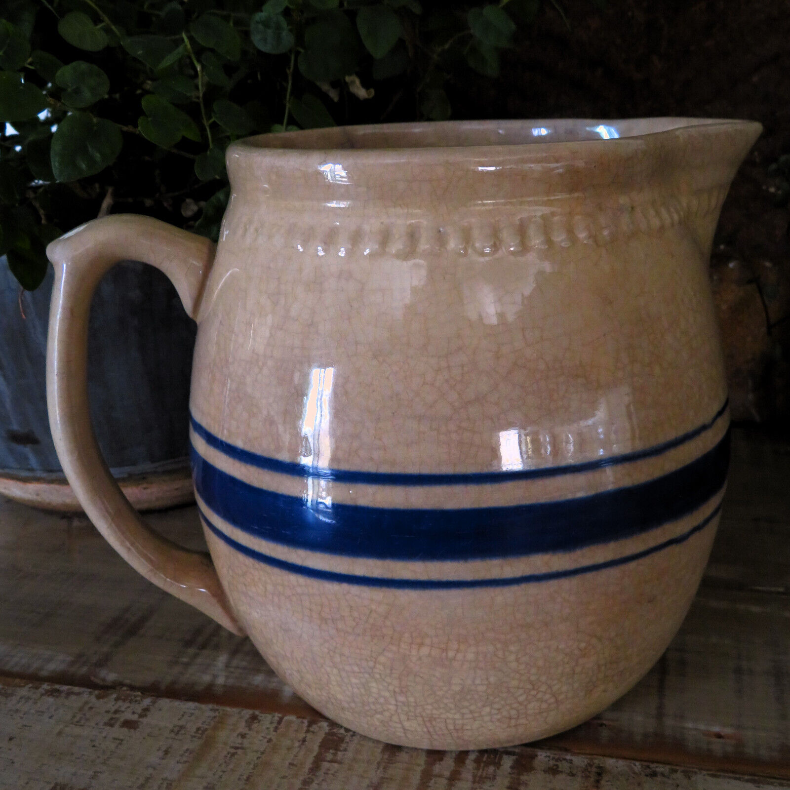 FANTASTIC Vintage Blue Stripe Yelloware Pitcher Stained Crazed Patina FARMHOUSE