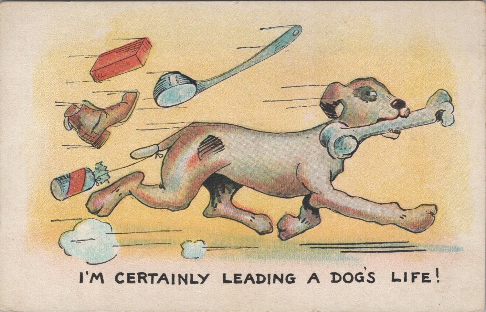 c1910s-1920s comic comical dog bone shoe leading a dog\'s life postcard A743
