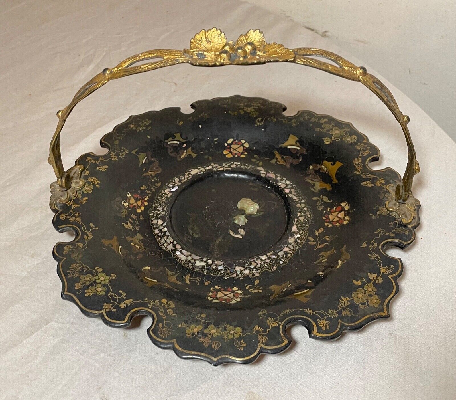 antique 1800's inlaid mother of pearl bronze paper mache French centerpiece dish