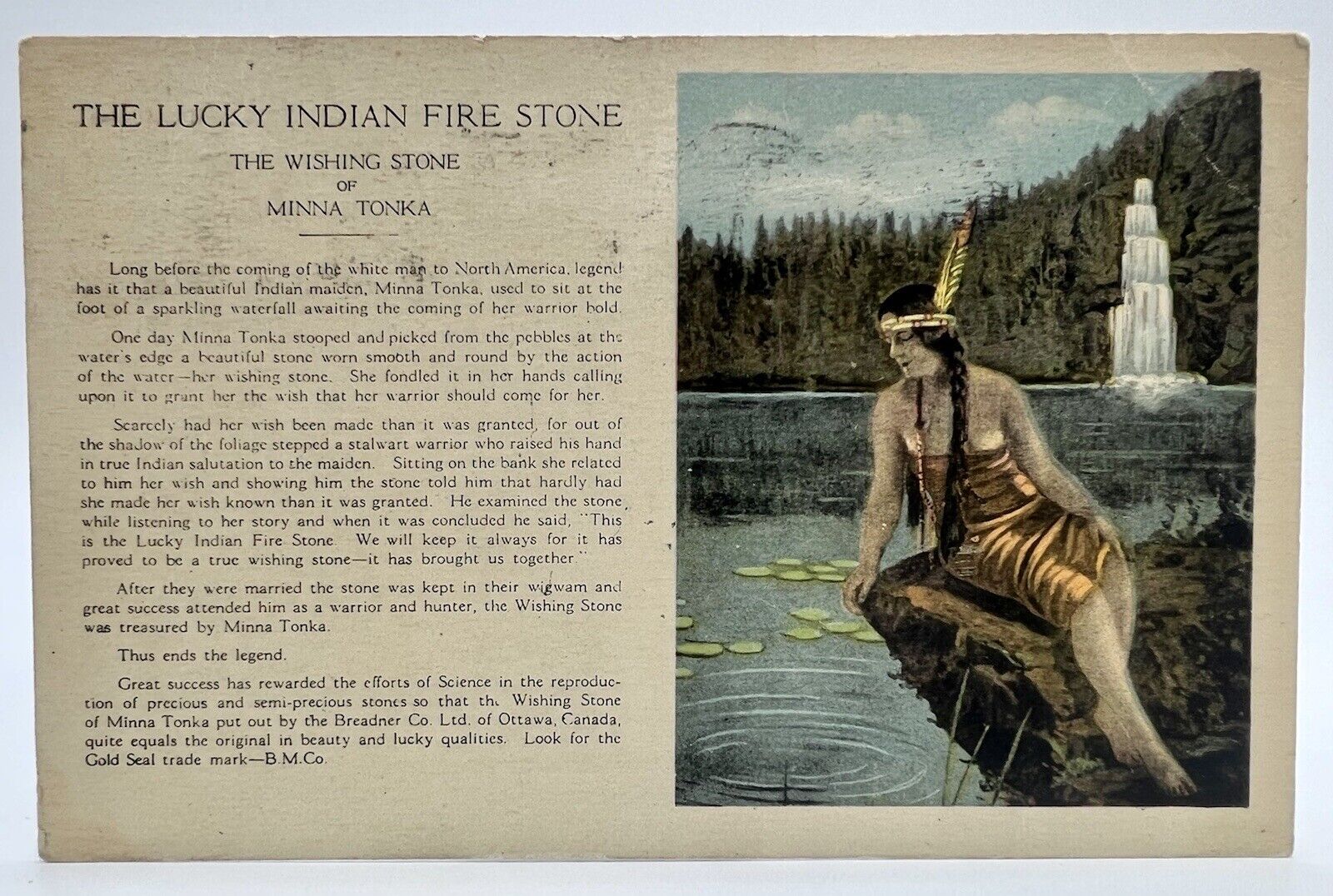 The Lucky Indian Fire Stone Wishing Stone of Minna Tonka Postcard Posted 1930