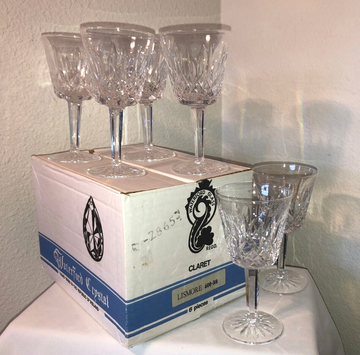 VTG 1973 - Original WATERFORD Crystal - LISMORE Wine Glasses w/BOX /MADE IRELAND
