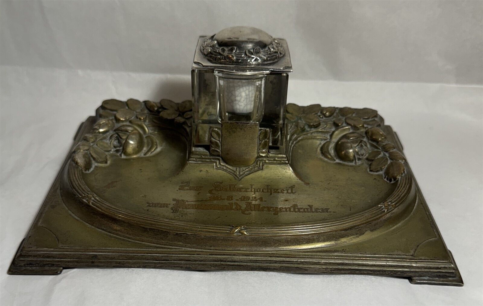 Antique German Brass and Silver Inkwell dated March 15 1921 With Ink Holder