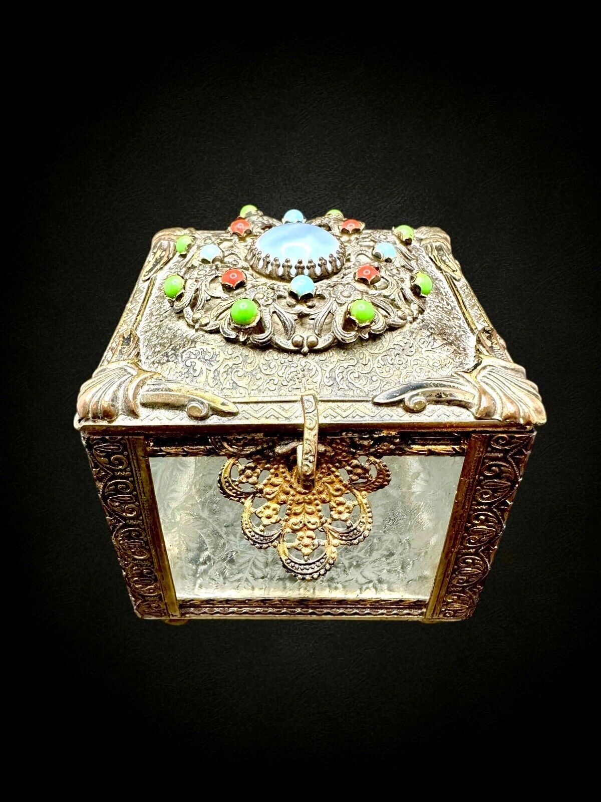 Vintage Austro Hungarian Brass Frost Glass Jeweled Cabochon Trinket Jewelry Box