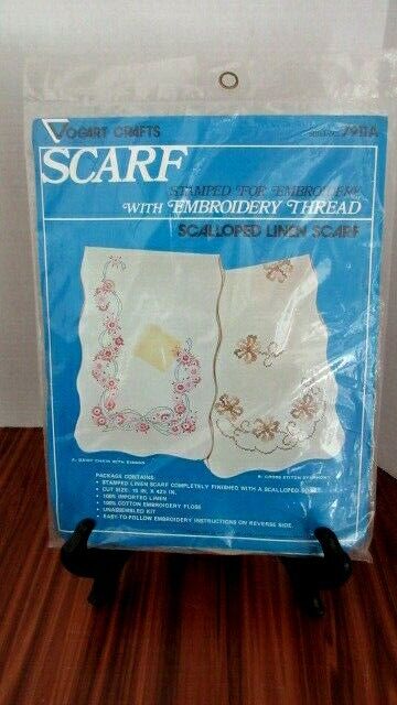 1976 VTG Vogart Embroidery PreStramped Floral Kit Vanity Scarf Pink Linen Floss