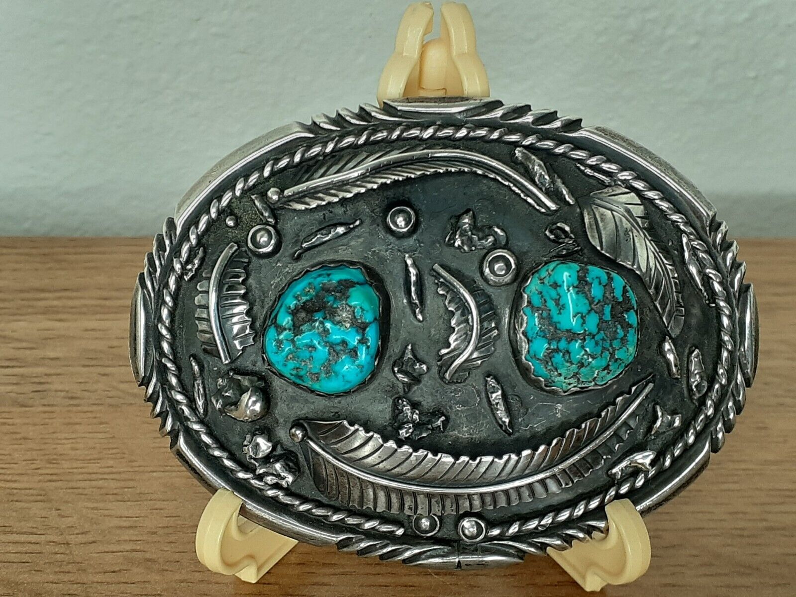 Vintage Old Pawn Navajo Sterling Silver Turquoise Heavy Belt Buckle SIGNED LM 